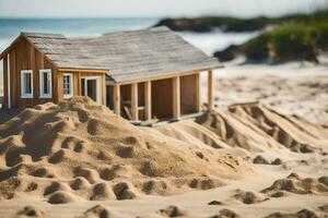 une miniature maison est assis sur Haut de le sable dunes. généré par ai photo