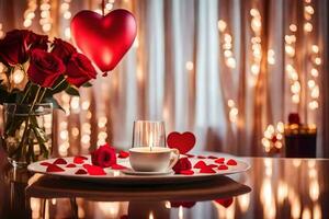 la Saint-Valentin journée table réglage avec rouge des roses et bougies. généré par ai photo