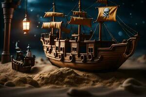 une pirate navire est séance dans le le sable à nuit. généré par ai photo