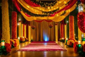 une coloré mariage la cérémonie avec une rouge tapis et Jaune et Orange fleurs. généré par ai photo