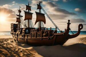 une pirate navire est sur le plage à le coucher du soleil. généré par ai photo