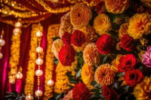 une coloré arrangement de fleurs dans une chambre. généré par ai photo