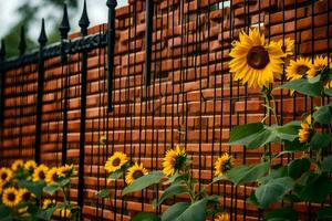 tournesols sont croissance dans de face de une brique clôture. généré par ai photo