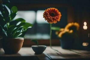 une fleur est assis sur une table suivant à une pot. généré par ai photo