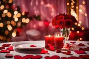 la Saint-Valentin journée table réglage avec rouge des roses et bougies. généré par ai photo