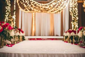 une mariage la cérémonie est ensemble en haut avec blanc et rouge fleurs. généré par ai photo