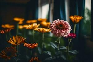 fleurs dans de face de une la fenêtre. généré par ai photo