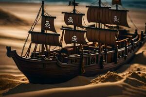une pirate navire est sur le le sable dans le océan. généré par ai photo