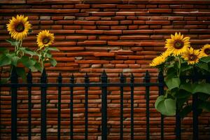 tournesols dans de face de une brique mur. généré par ai photo