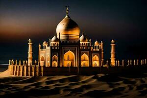 le taj mahal est allumé en haut à nuit. généré par ai photo