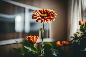 Orange fleur dans de face de une la fenêtre. généré par ai photo