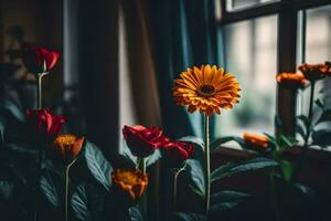 fleurs par le la fenêtre. généré par ai photo