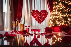 une table avec rouge des roses et Champagne lunettes. généré par ai photo