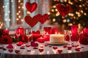 la Saint-Valentin journée table réglage avec bougies et cœurs. généré par ai photo