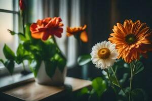 fleurs dans une vase sur une fenêtre seuil. généré par ai photo