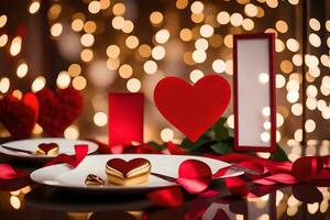 la Saint-Valentin journée dîner table avec rouge cœur et rouge des chocolats. généré par ai photo