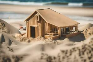 une petit en bois maison sur le plage. généré par ai photo