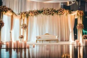 un élégant mariage la cérémonie avec bougies et fleurs. généré par ai photo