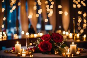 une table avec bougies et des roses sur il. généré par ai photo