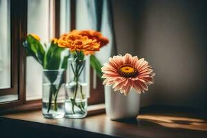 Orange fleurs dans des vases sur une rebord de fenêtre. généré par ai photo