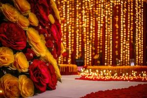 une mariage la cérémonie avec rouge et Jaune fleurs. généré par ai photo