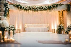 une mariage la cérémonie avec une blanc canapé et bougies. généré par ai photo