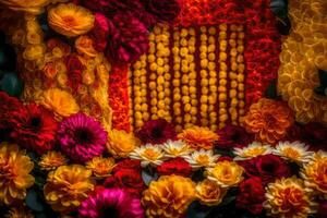 une fleur arrangement est fabriqué en dehors de rouge, Jaune et Orange fleurs. généré par ai photo