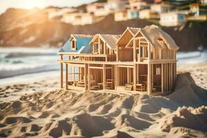 une modèle maison sur le plage avec une vue de le océan. généré par ai photo