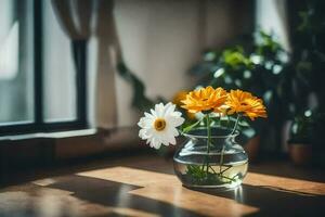 une vase avec deux Jaune et blanc fleurs sur une tableau. généré par ai photo