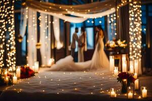 une mariage la cérémonie dans une Hôtel pièce avec bougies et lumières. généré par ai photo