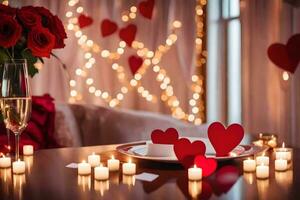 la Saint-Valentin journée table réglage avec bougies et des roses. généré par ai photo