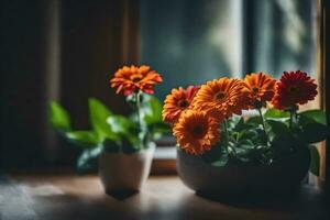 Orange fleurs dans une vase sur une fenêtre seuil. généré par ai photo