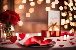 la Saint-Valentin journée table réglage avec rouge des roses et une cœur. généré par ai photo