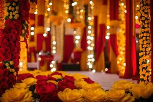 une mariage la cérémonie avec rouge et Jaune fleurs. généré par ai photo