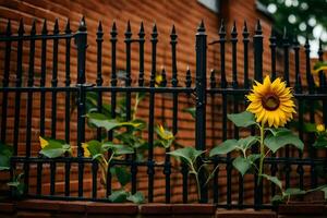 une tournesol est croissance dans de face de une clôture. généré par ai photo