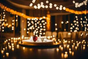 mariage anneaux sur une gâteau avec lumières. généré par ai photo