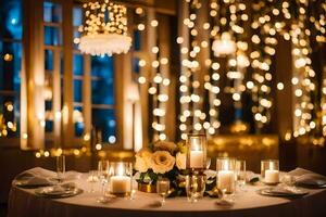 une table ensemble pour une mariage accueil avec bougies et lumières. généré par ai photo