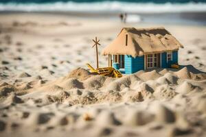 une petit maison sur le plage avec sable. généré par ai photo