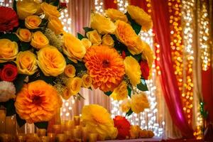 une grand arrangement de Jaune et Orange fleurs. généré par ai photo