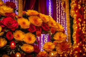 une coloré arrangement de fleurs et bougies. généré par ai photo