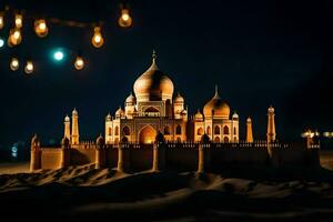 le taj mahal est allumé en haut à nuit. généré par ai photo