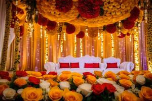 une mariage étape décoré avec Jaune et rouge fleurs. généré par ai photo