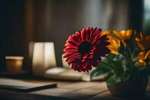 rouge gerbera fleur dans une vase sur une tableau. généré par ai photo