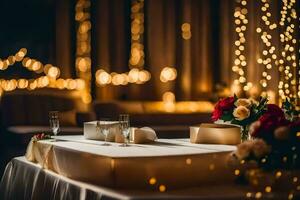 une table avec deux des lunettes et fleurs dans de face de une chaîne de lumières. généré par ai photo