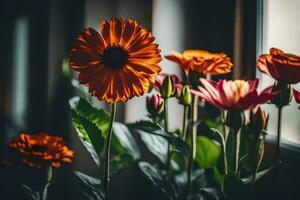 fleurs dans une vase par une la fenêtre. généré par ai photo