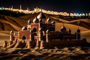 une le sable Château dans le désert à nuit. généré par ai photo
