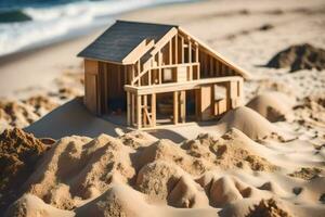 une modèle maison est séance sur le sable. généré par ai photo