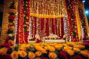 une mariage étape décoré avec Jaune et Orange fleurs. généré par ai photo