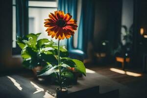 une fleur dans une vase sur une table dans de face de une la fenêtre. généré par ai photo