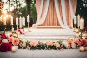 bougies et fleurs sont arrangé sur le sol pour une mariage cérémonie. généré par ai photo